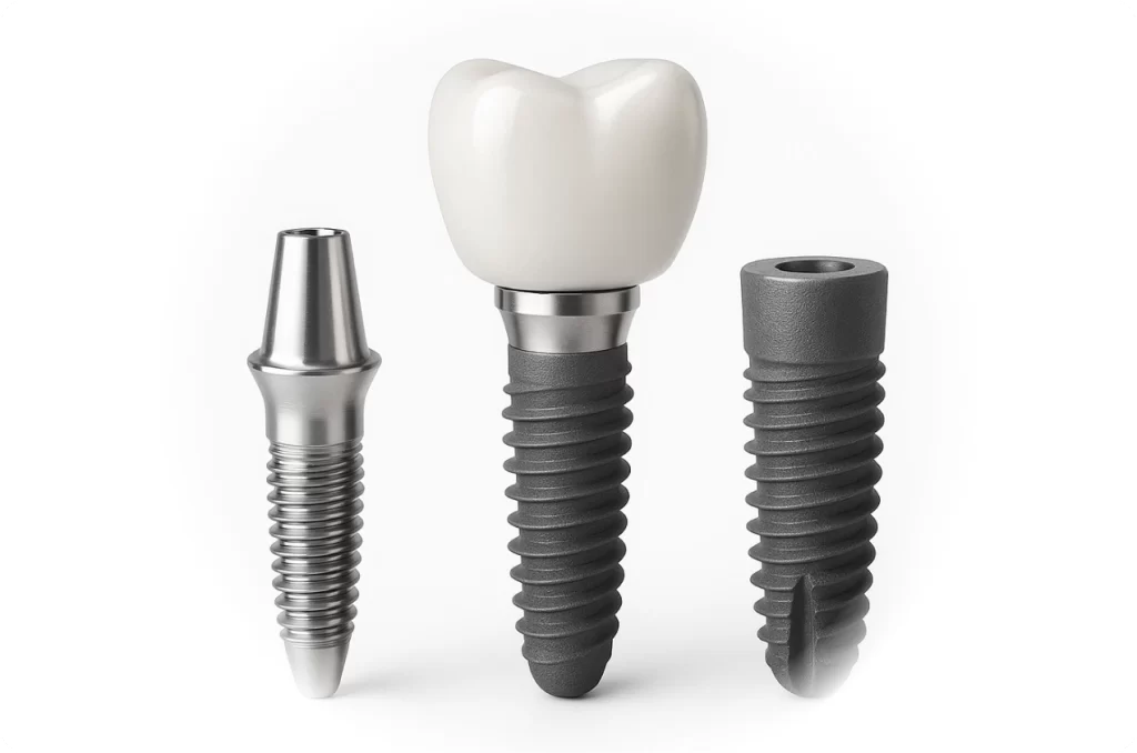 Dentalni centar DentIN, Zagreb, Trešnjevka: ilustracija zubnih implantata, s abutmentom, sa zubnom krunicom i samo vijak.